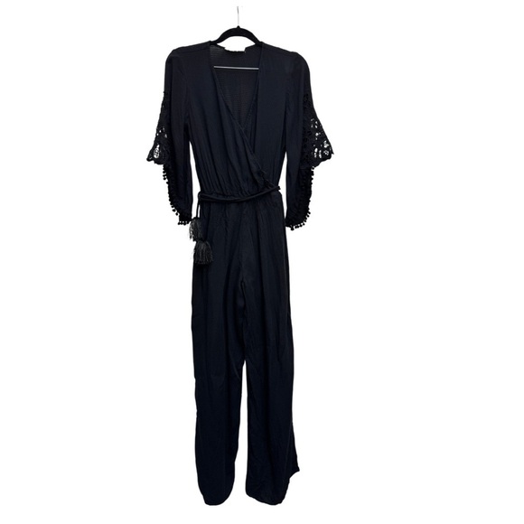 Love Stitch Boho Wrap Crochet Lace Bell Sleeve Jumpsuit Black - Picture 2 of 13